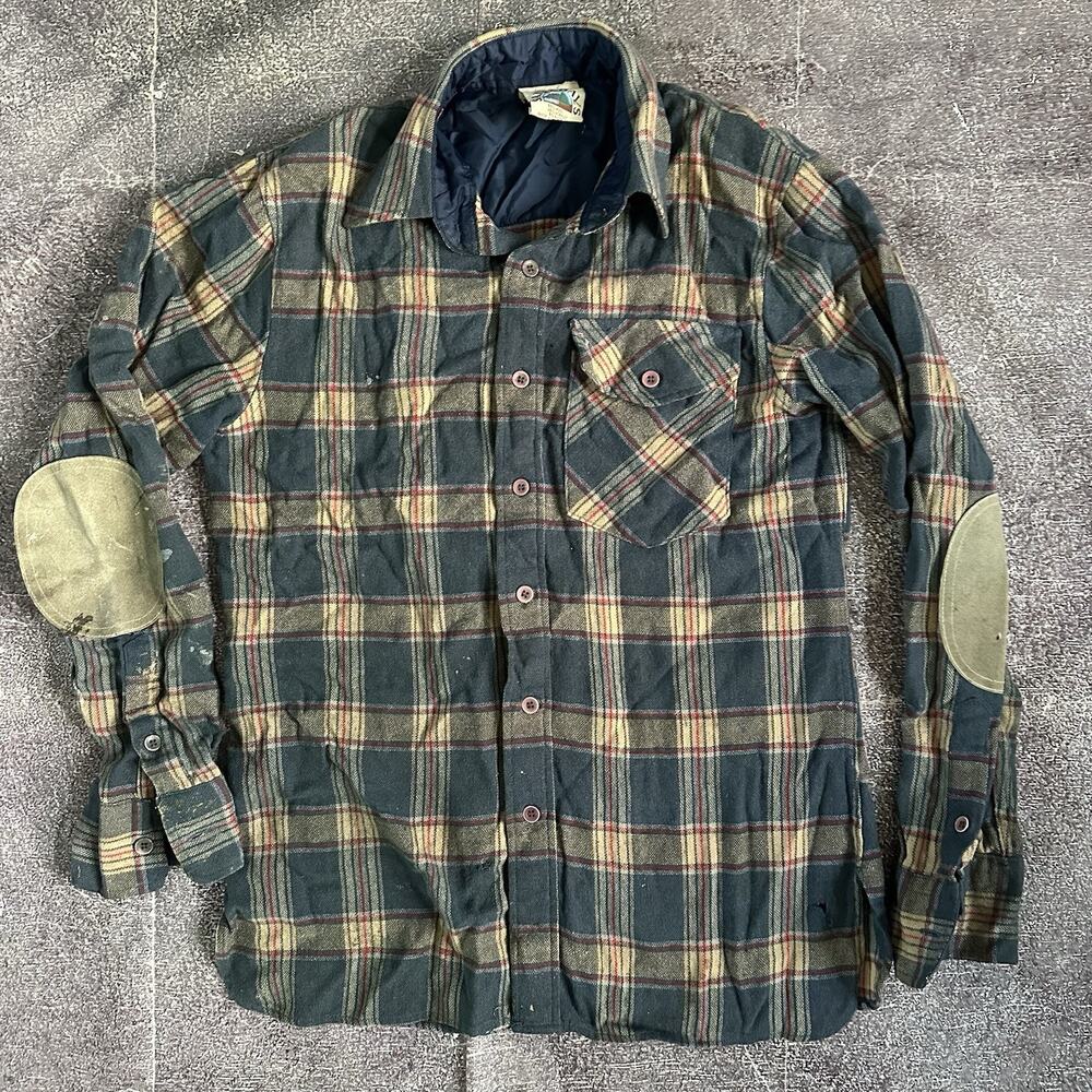 Men's Vintage 80's Saturdays Wool Elbow Patch Plaid Button Up Flannel Shirt Sz M